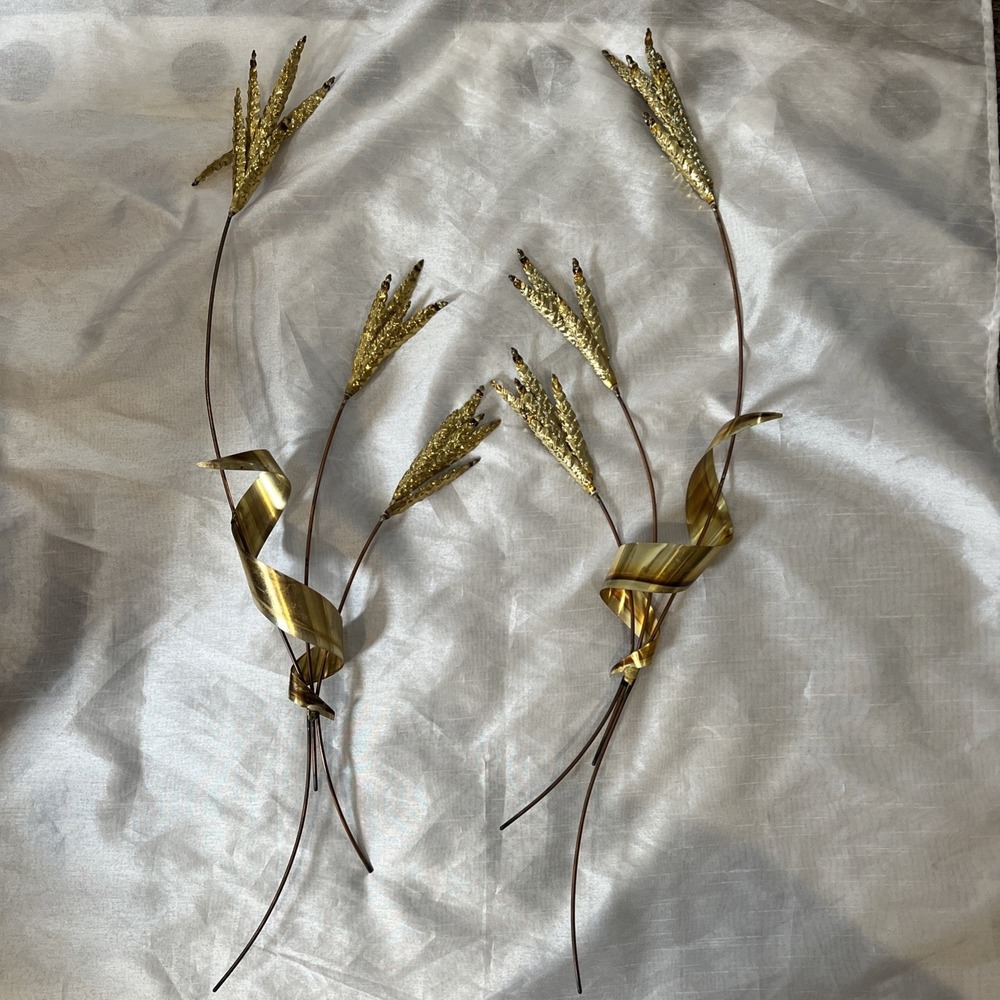 Vintage MCM Home Interior Gold Metal Wheat Sheaf Wall 3D Wall Decor 31" 2pc